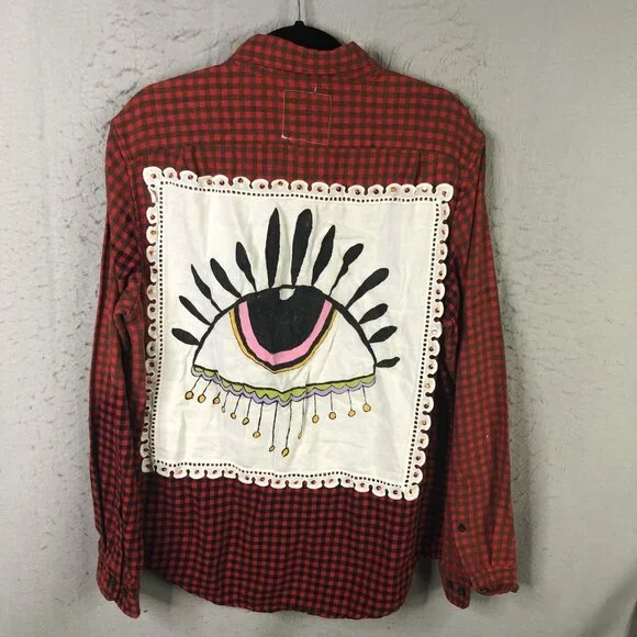 Timber June Shirt Large Red Check Flannel Evil Eye Sequin Back Boho Graphic - Picture 1 of 16